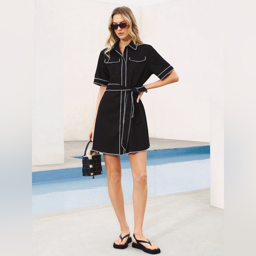 Commense Black Short Sleeve Shirt Dress with White Trim